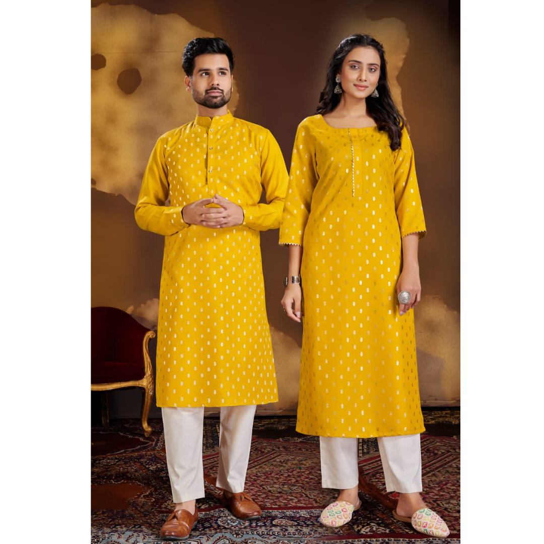 Pure Cotton Traditional Same Matching Color Couple Wear Outfits Yellow mahezon