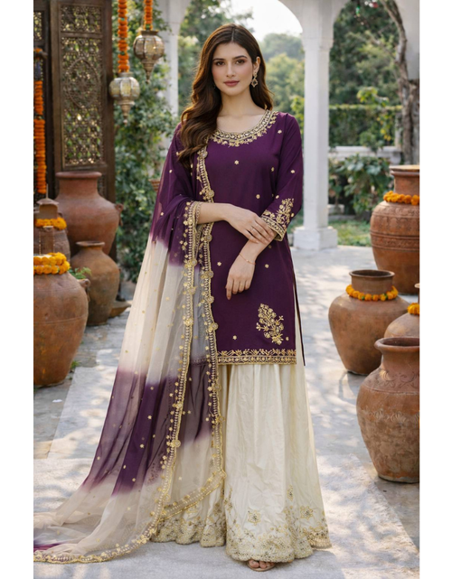 Load image into Gallery viewer, Festive Embroidered Sequence Women Top Palazzo Dupatta Suit Dress mahezon
