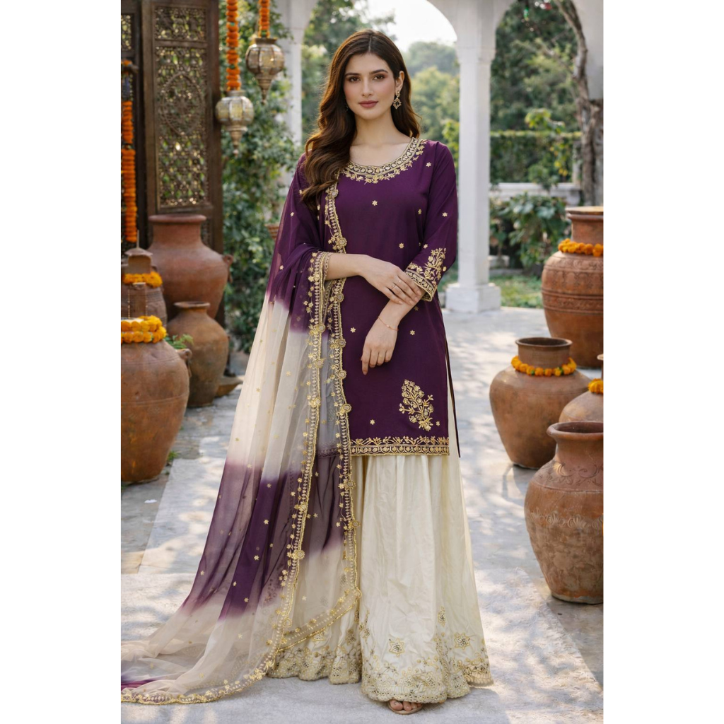 Festive Embroidered Sequence Women Top Palazzo Dupatta Suit Dress mahezon
