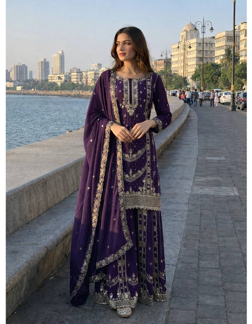 Load image into Gallery viewer, Festive Readymade Sequence Embroidered Women Top Palazzo Dupatta Suit Dress mahezon
