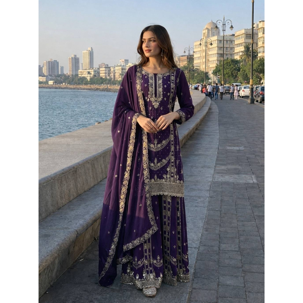 Festive Readymade Sequence Embroidered Women Top Palazzo Dupatta Suit Dress mahezon