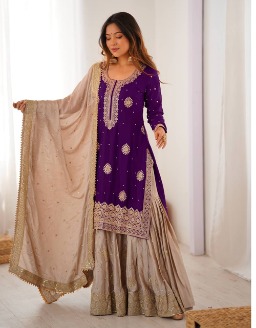 Load image into Gallery viewer, Party Wear Designer Women Top Sharara with Dupatta Suit Dress
