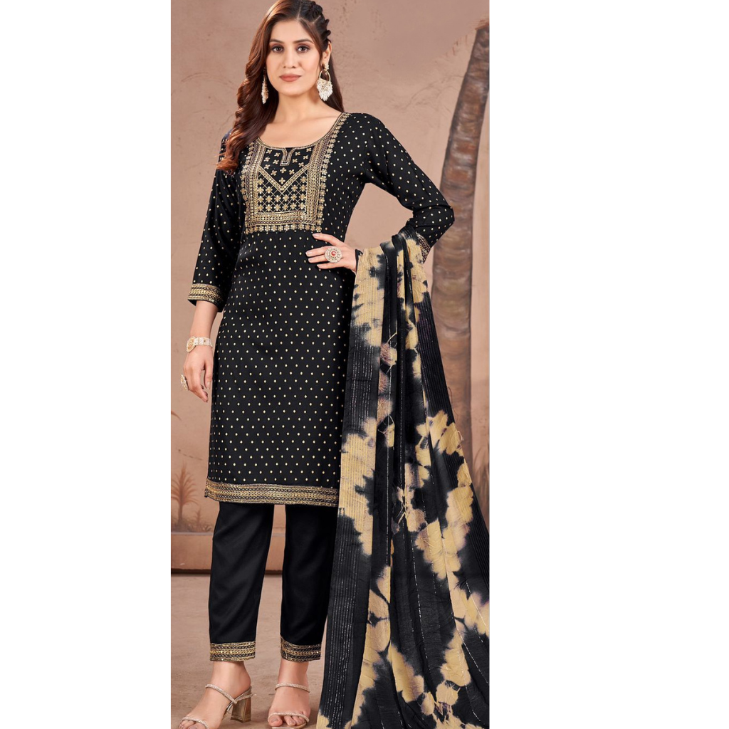 Rayon Embroidery Sequence Party Wear Women's Kurta Suit Black mahezon