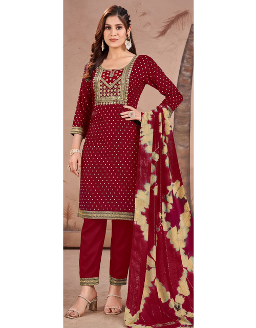 Load image into Gallery viewer, Rayon Embroidery Sequence Party Wear Women&#39;s Kurta Suit Red mahezon

