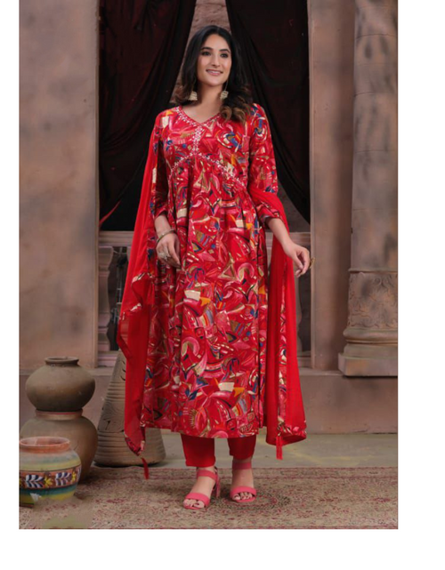 Zeenat Libaas Red Party Wear and Formal Wear Trail C Cut Kurti (New Design )