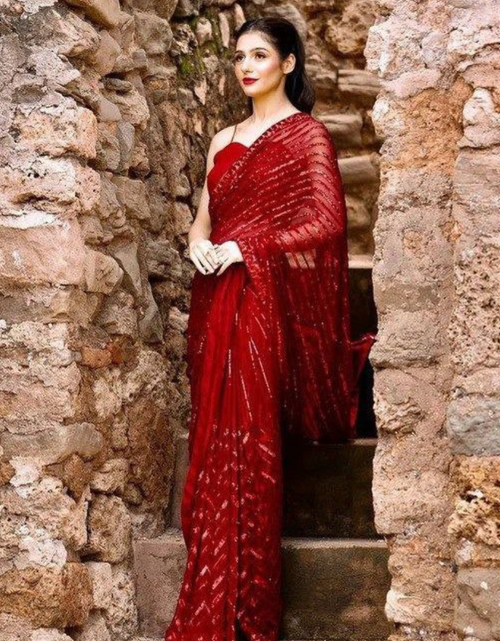Load image into Gallery viewer, Red Fancy Party wear Women Sari mahezon
