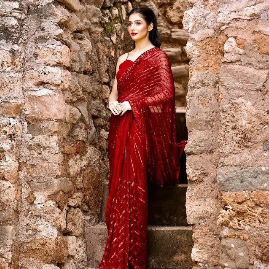 Red Fancy Party wear Women Sari mahezon