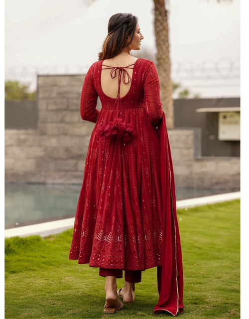 Load image into Gallery viewer, Red Party wear Women Kurti Pant Dupatta Suit mahezon
