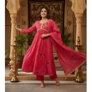 Red Bandhani Print Women Kurti with Pant and Dupatta mahezon