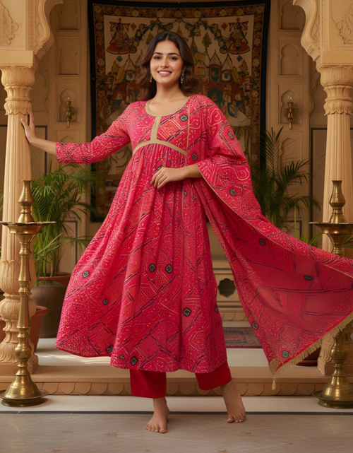 Load image into Gallery viewer, Red Bandhani Print Women Kurti with Pant and Dupatta mahezon
