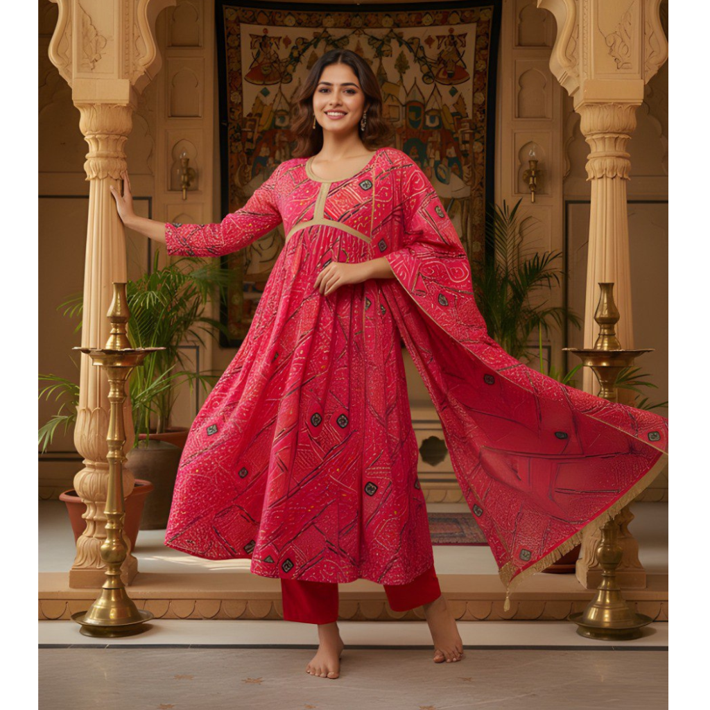 Red Bandhani Print Women Kurti with Pant and Dupatta mahezon