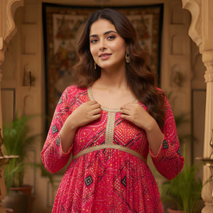 Red Bandhani Print Women Kurti with Pant and Dupatta mahezon