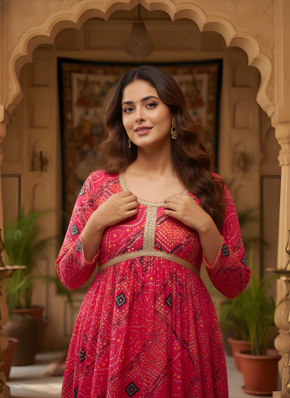 Red Bandhani Print Women Kurti with Pant and Dupatta mahezon