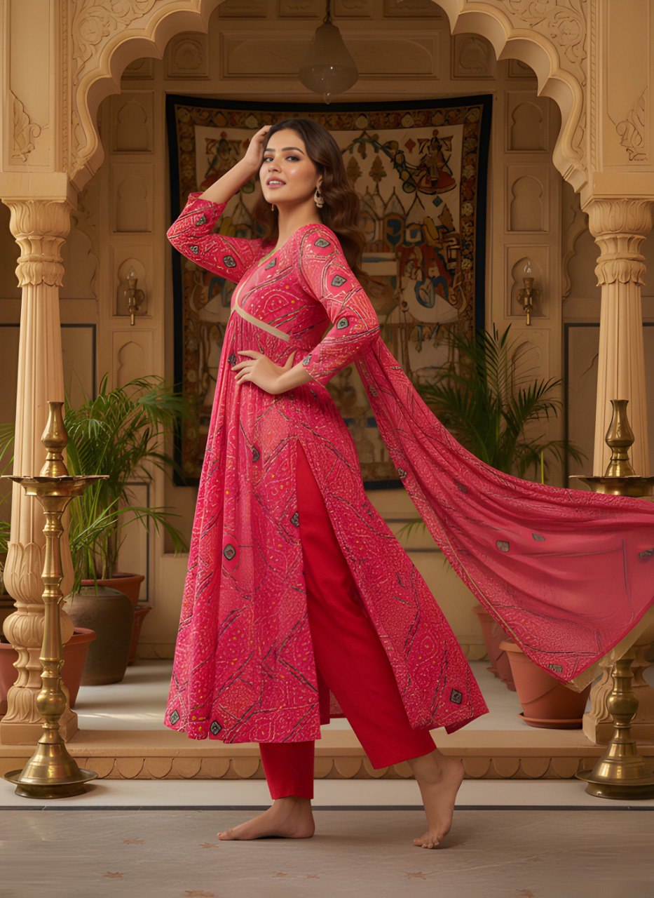 Red Bandhani Print Women Kurti with Pant and Dupatta mahezon