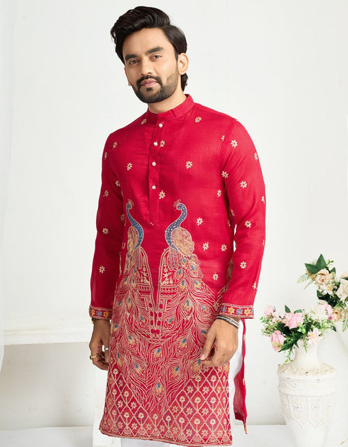 Load image into Gallery viewer, Red Crunchy Silk Ethnic Traditional Indian Couple Wear Same Matching Men Kurta Women Lehenga Blouse Dupatta for Weddings mahezon

