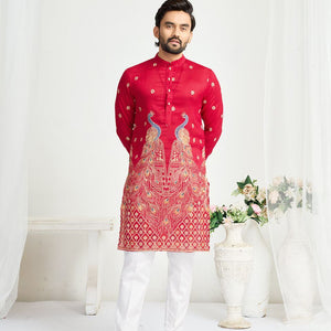 Red Crunchy Silk Ethnic Traditional Indian Couple Wear Same Matching Men Kurta Women Lehenga Blouse Dupatta for Weddings mahezon