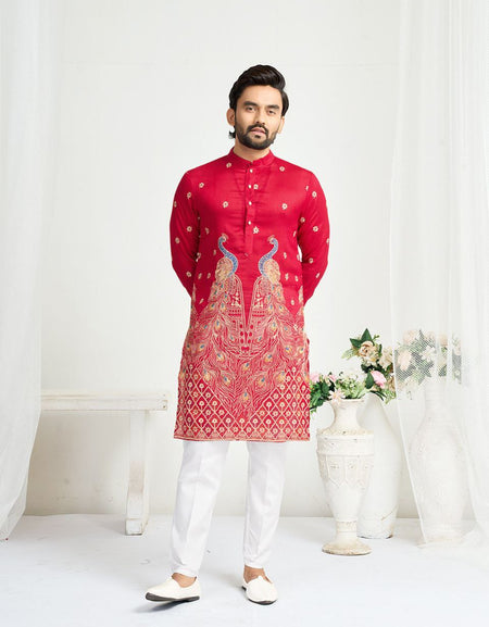 Red Crunchy Silk Ethnic Traditional Indian Couple Wear Same Matching Men Kurta Women Lehenga Blouse Dupatta for Weddings mahezon