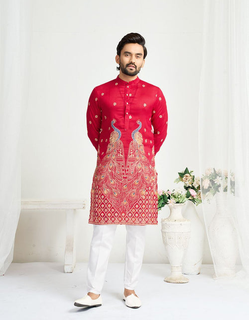 Load image into Gallery viewer, Red Crunchy Silk Ethnic Traditional Indian Couple Wear Same Matching Men Kurta Women Lehenga Blouse Dupatta for Weddings mahezon
