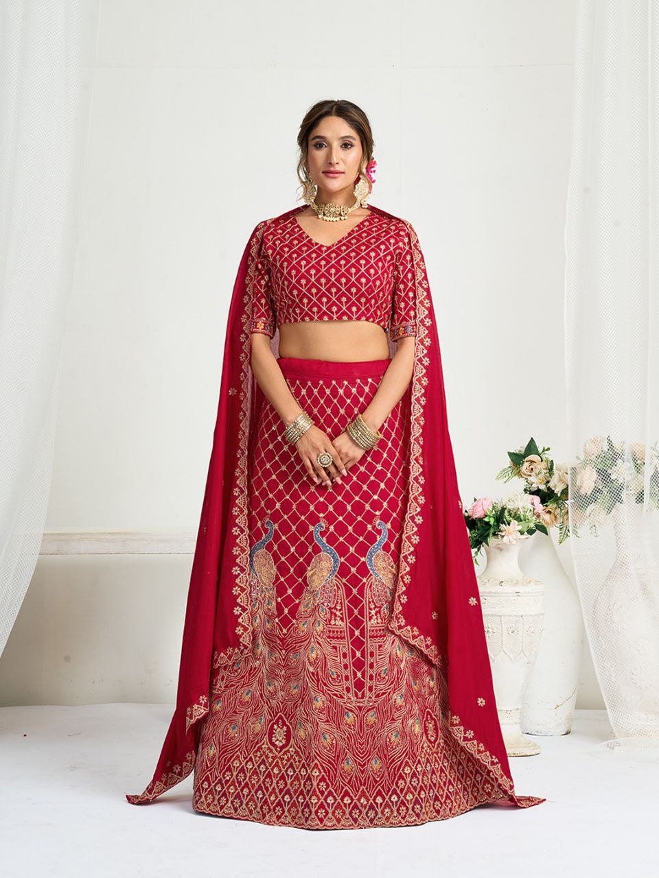 Red Crunchy Silk Ethnic Traditional Indian Couple Wear Same Matching Men Kurta Women Lehenga Blouse Dupatta for Weddings mahezon