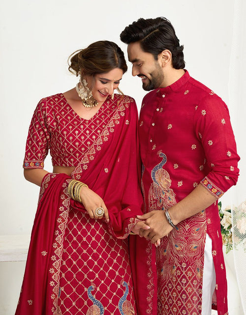 Load image into Gallery viewer, Red Crunchy Silk Ethnic Traditional Indian Couple Wear Same Matching Men Kurta Women Lehenga Blouse Dupatta for Weddings mahezon
