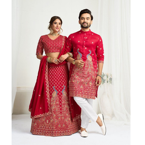 Red Crunchy Silk Ethnic Traditional Indian Couple Wear Same Matching Men Kurta Women Lehenga Blouse Dupatta for Weddings mahezon