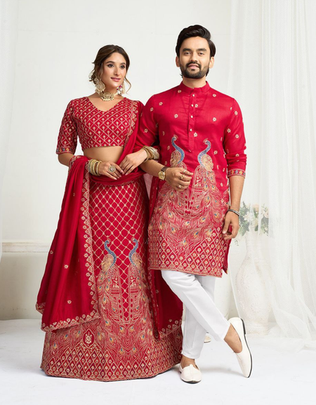 Red Crunchy Silk Ethnic Traditional Indian Couple Wear Same Matching Men Kurta Women Lehenga Blouse Dupatta for Weddings mahezon