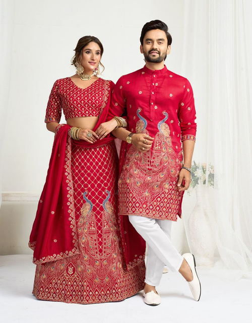 Load image into Gallery viewer, Red Crunchy Silk Ethnic Traditional Indian Couple Wear Same Matching Men Kurta Women Lehenga Blouse Dupatta for Weddings mahezon
