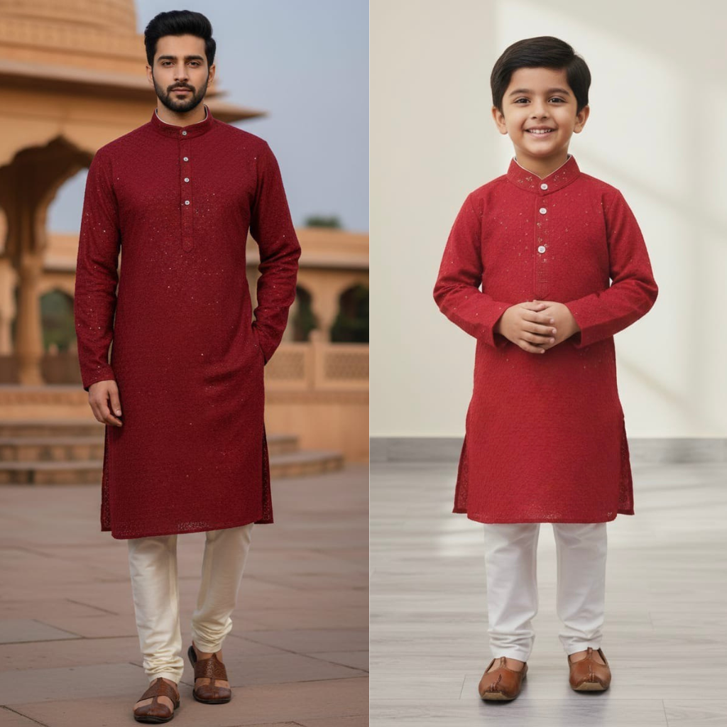Father and Son Sequence Matching Twinning Kurta Pajama Outfit Set mahezon