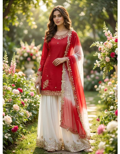 Load image into Gallery viewer, Festive Embroidered Sequence Women Top Palazzo Dupatta Suit Dress mahezon
