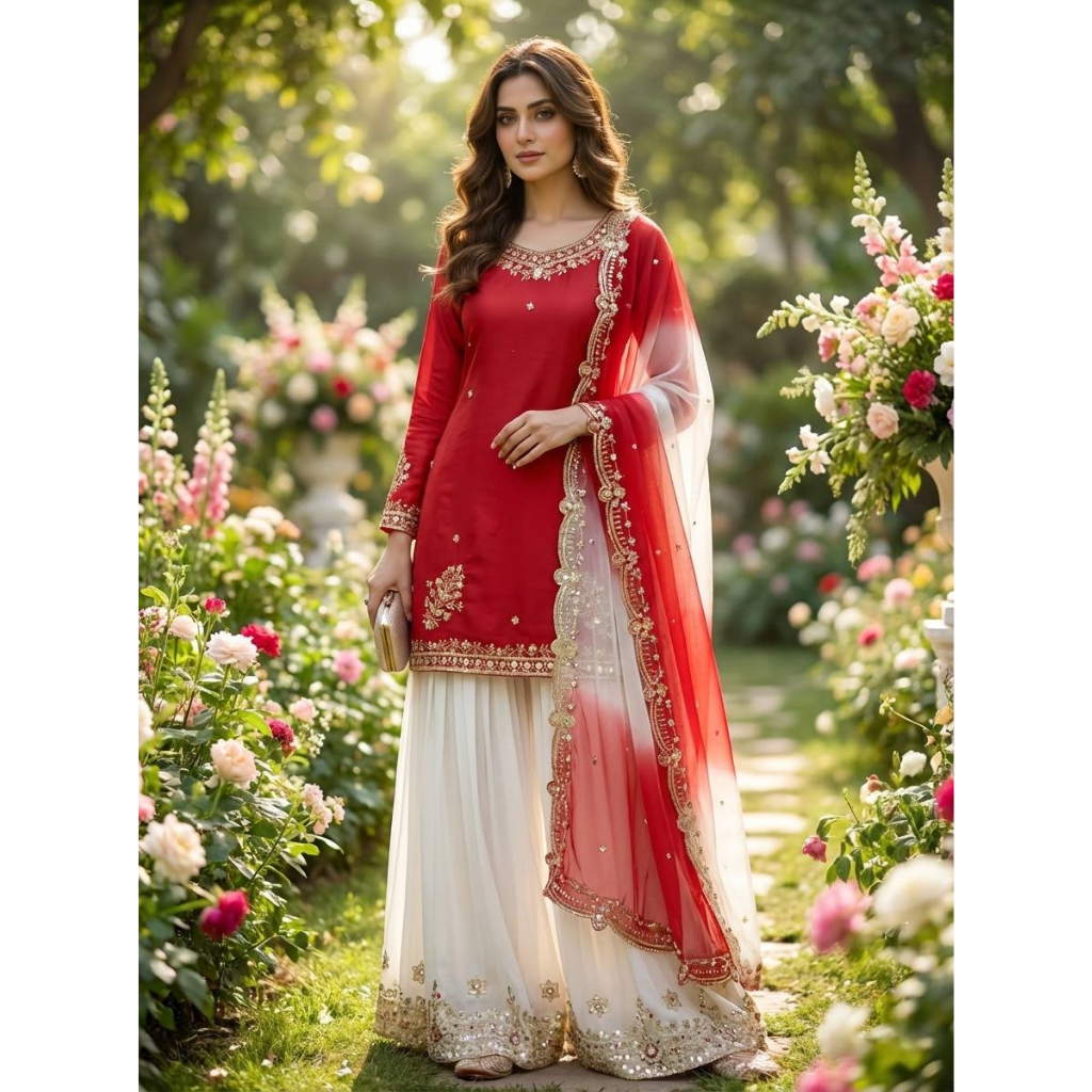 Festive Embroidered Sequence Women Top Palazzo Dupatta Suit Dress mahezon