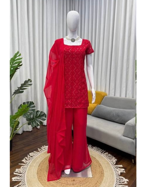 Load image into Gallery viewer, Festive Special Georgette Women Kurti Pant Dupatta Set mahezon
