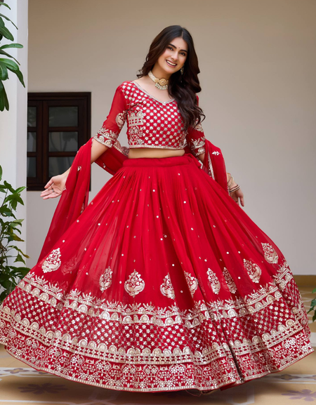 Red Georgette Embroidered Wedding Wear Women Lehenga Choli Dupatta mahezon