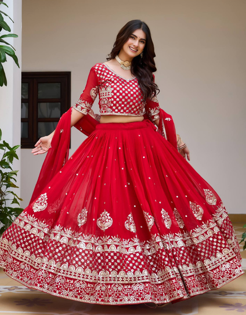Load image into Gallery viewer, Red Georgette Embroidered Wedding Wear Women Lehenga Choli Dupatta mahezon
