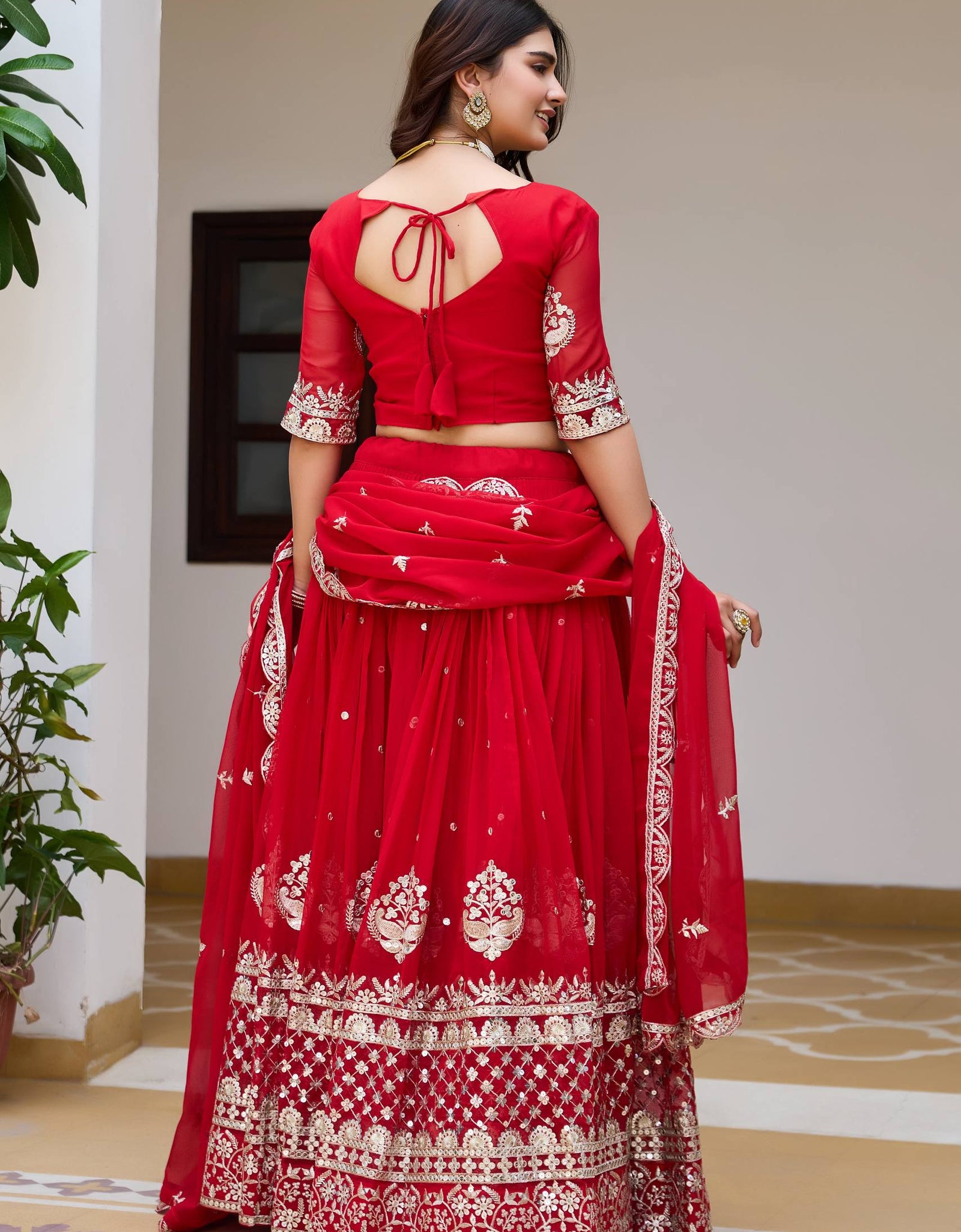 Red Georgette Embroidered Wedding Wear Women Lehenga Choli Dupatta mahezon