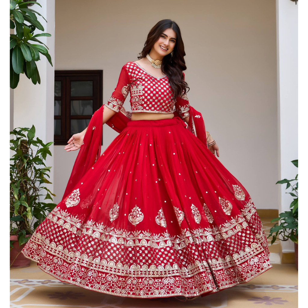 Red Georgette Embroidered Wedding Wear Women Lehenga Choli Dupatta mahezon