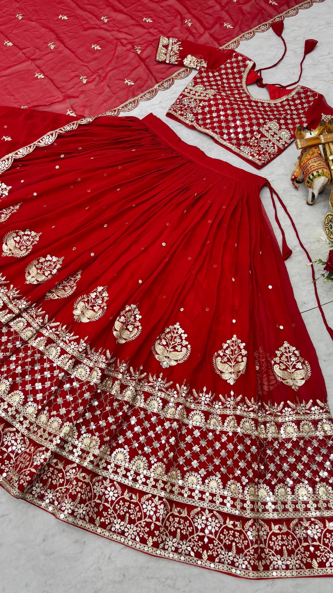 Red Georgette Embroidered Wedding Wear Women Lehenga Choli Dupatta mahezon