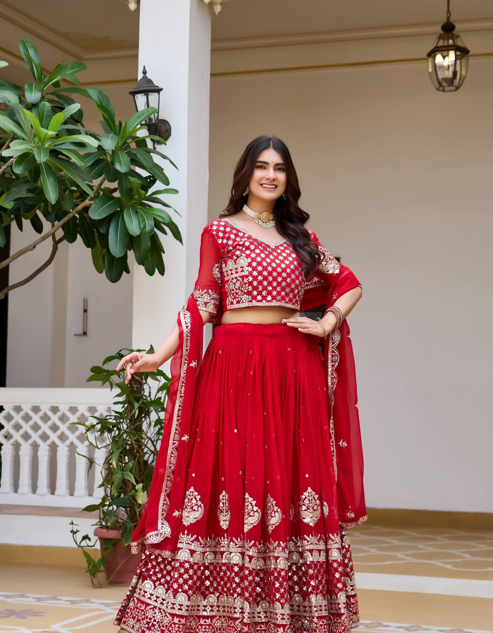 Red Georgette Embroidered Wedding Wear Women Lehenga Choli Dupatta mahezon