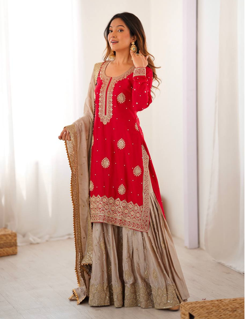 Load image into Gallery viewer, Party Wear Designer Women Top Sharara with Dupatta Suit Dress
