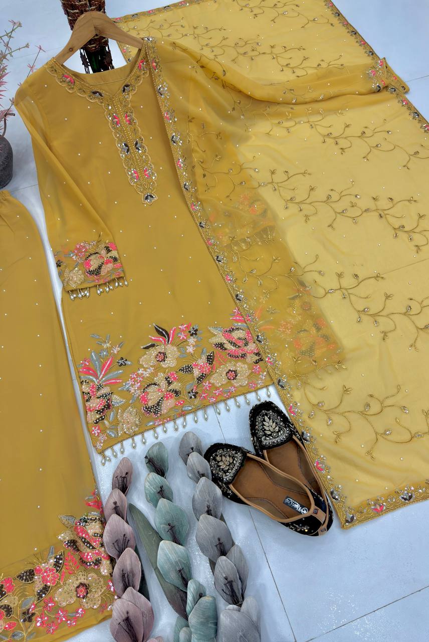 Festive Sequence Embroidered Women Top Palazzo Dupatta Suit Dress mahezon