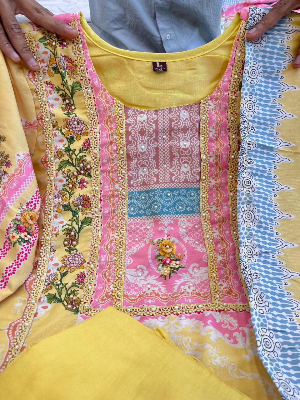 Embroidery Yellow Women's Kurti Pant with Dupatta Salwar Suit mahezon