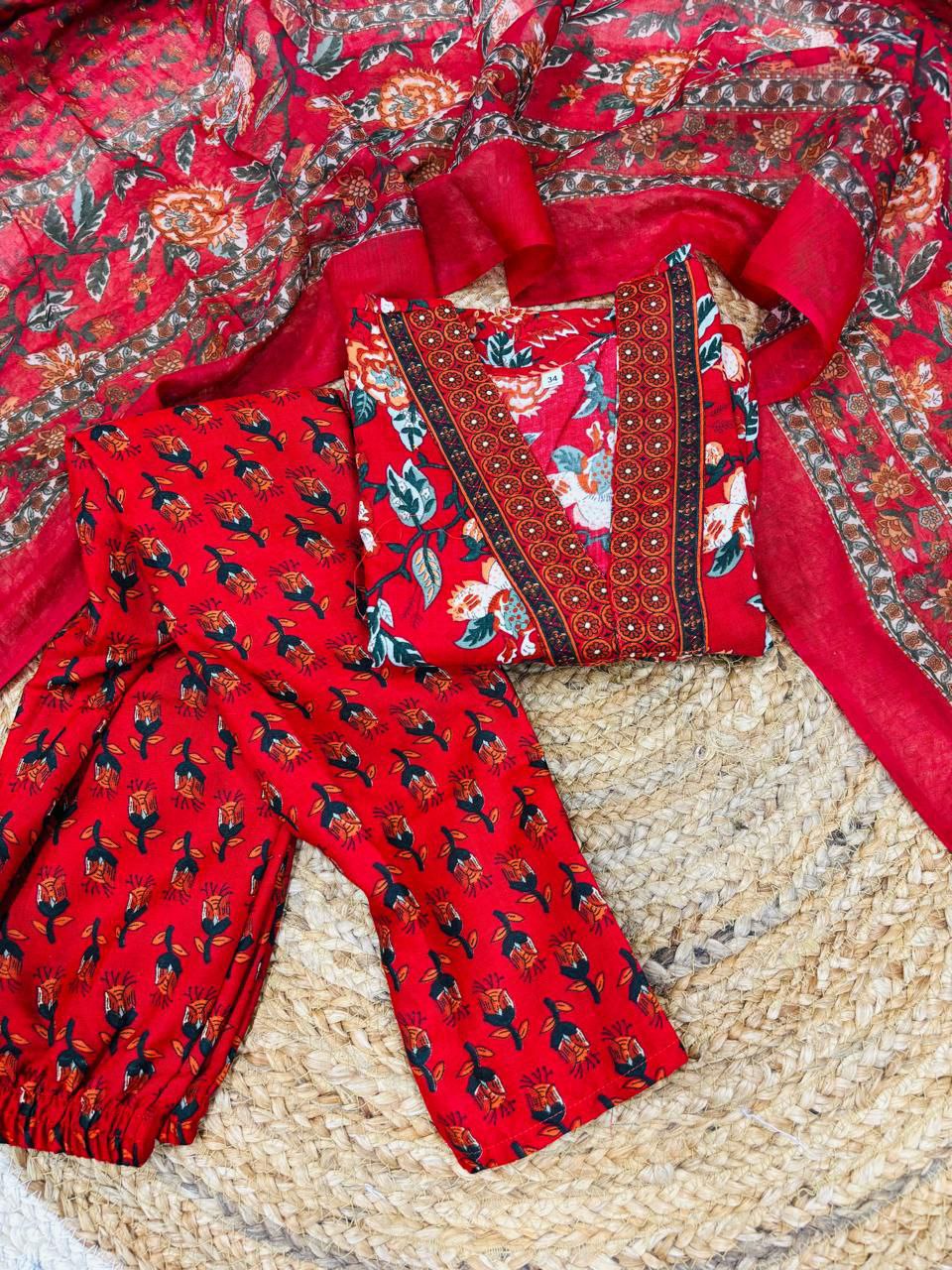 Designer Kids Girls Cotton Kurti Pant Dupatta Set