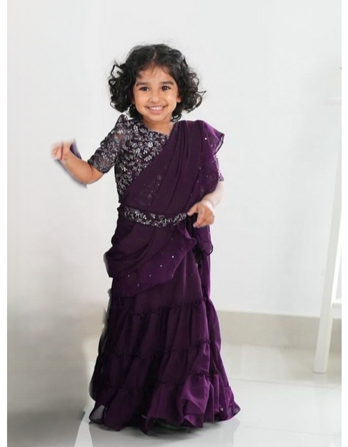 Load image into Gallery viewer, Kids Girls Party wear Purple Lehenga Saree mahezon
