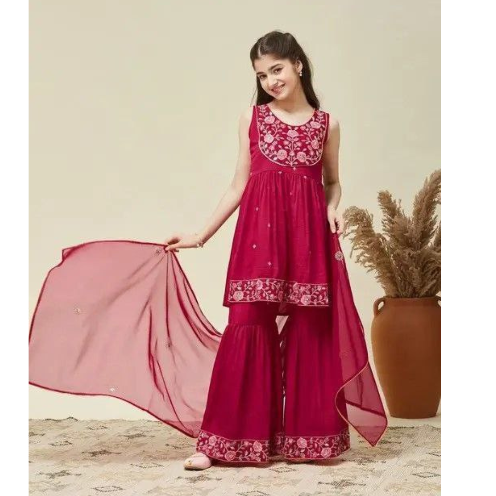Kids Girls Top Sharara Dupatta Dress