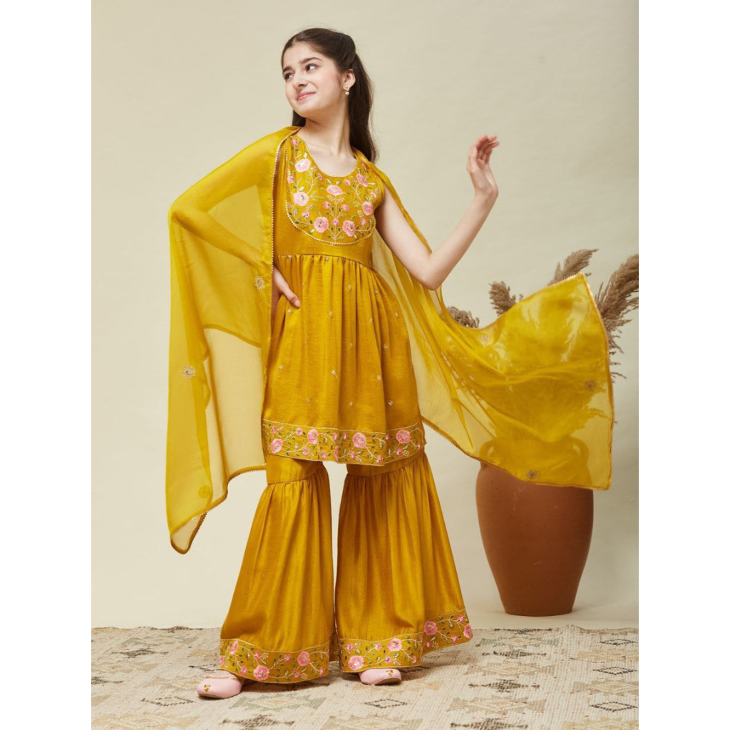 Kids Girls Top Sharara Dupatta Dress