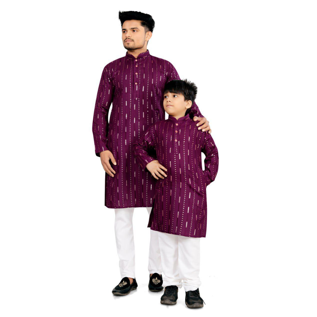 Traditional Cotton Ethnic Father Son Same Matching Kurta Pajama outfits Wine mahezon