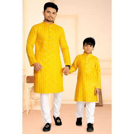 Traditional Cotton Ethnic Father Son Same Matching Kurta Pajama outfits Yellow mahezon