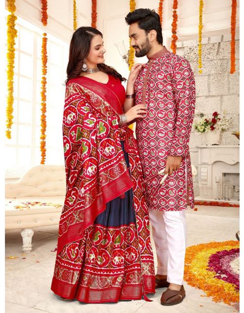 Load image into Gallery viewer, Traditional Ethnic Couple Wear Men Kurta and Women Lehenga Same Matching Outfits Set mahezon
