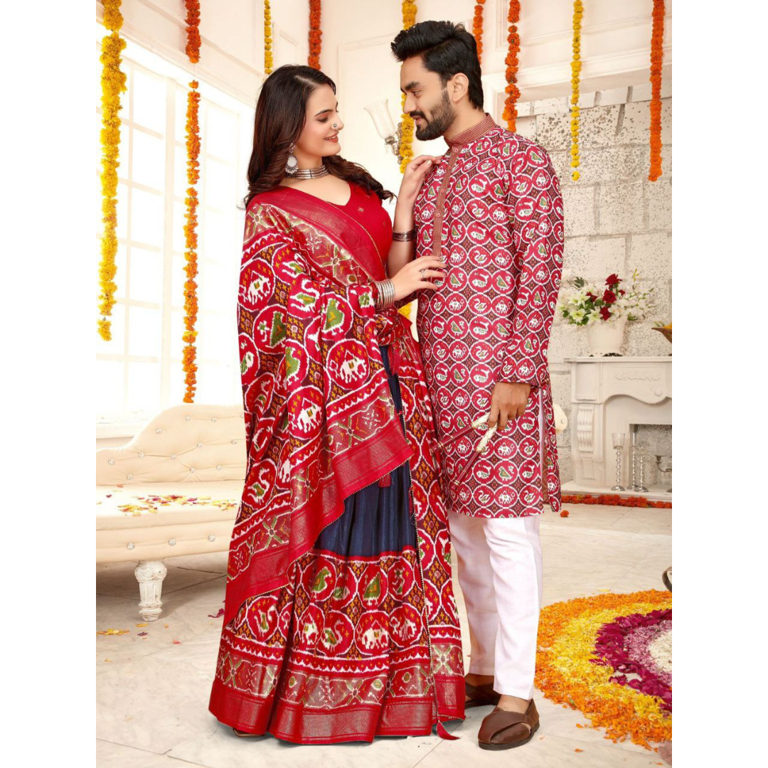 Traditional Ethnic Couple Wear Men Kurta and Women Lehenga Same Matching Outfits Set mahezon