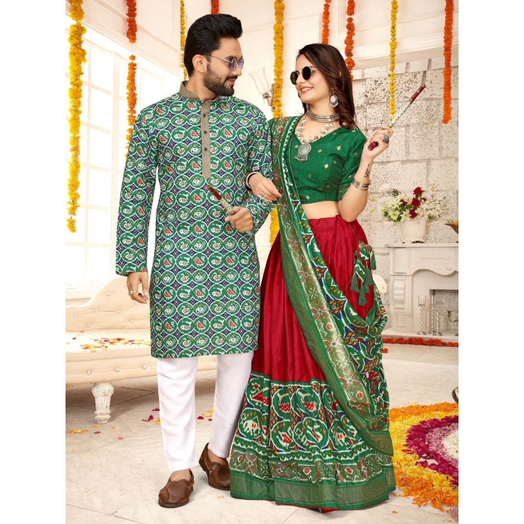 Traditional Indian Couple Wear Men Kurta and Women Lehenga Same Matching Outfits Set mahezon