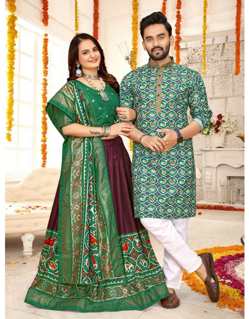 Load image into Gallery viewer, Traditional Indian Ethnic Couple Wear Men Kurta and Women Lehenga Same Matching Outfits Set mahezon
